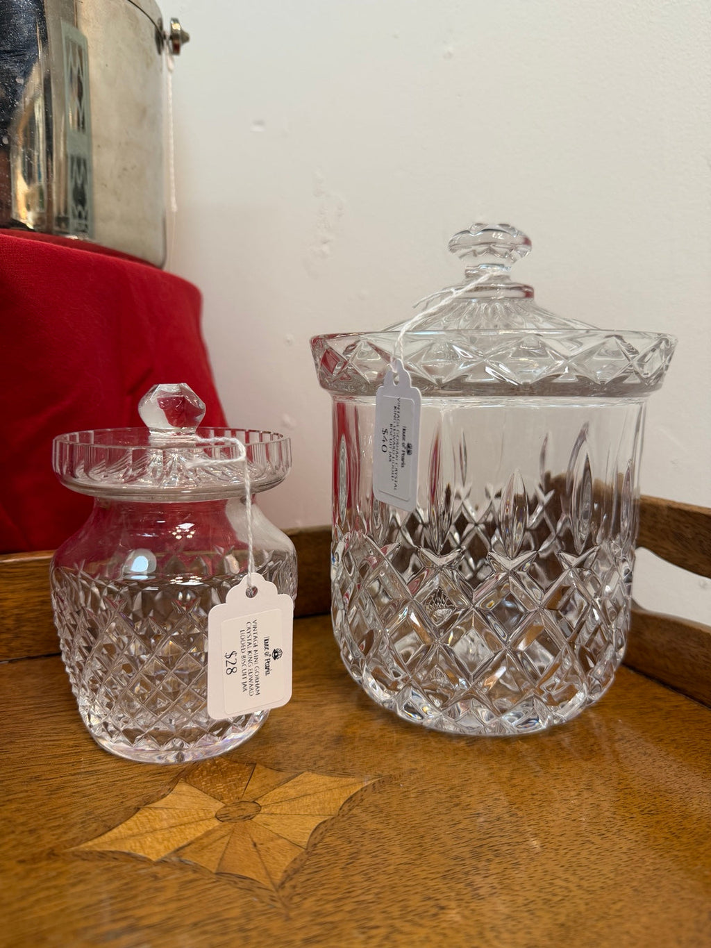 Large $40 Gorham crystal biscuit jar on the right; smaller jar sold separately