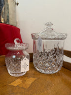Large $40 Gorham crystal biscuit jar on the right; smaller jar sold separately
