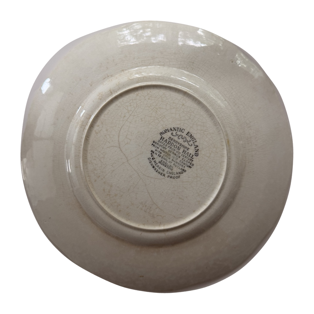 Haddon Hall plate underside with original maker's mark and crazing, background removed