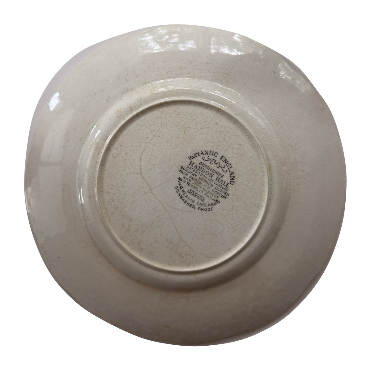 Haddon Hall plate underside with original maker's mark and crazing, background removed