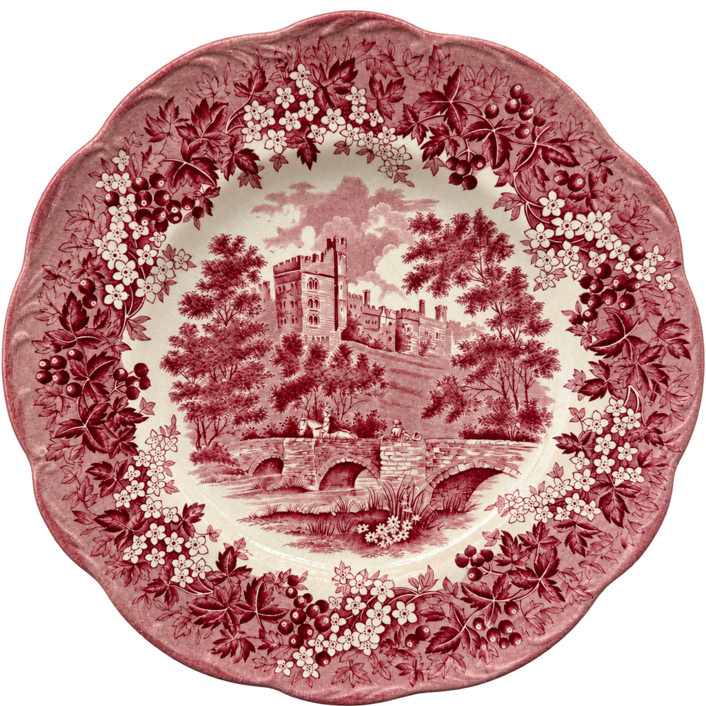 Romantic England Haddon Hall red transferware plate front