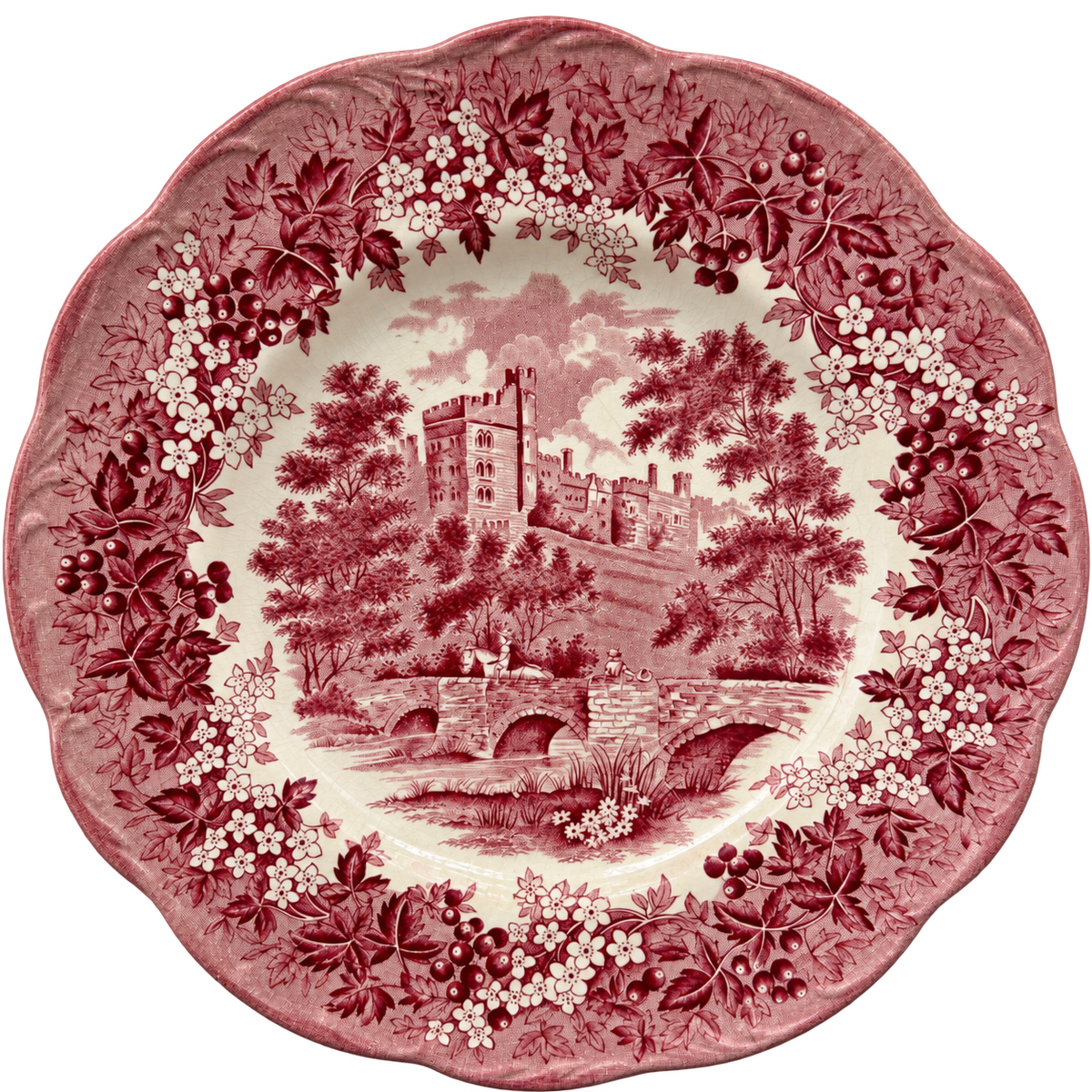 Romantic England Haddon Hall red transferware plate front