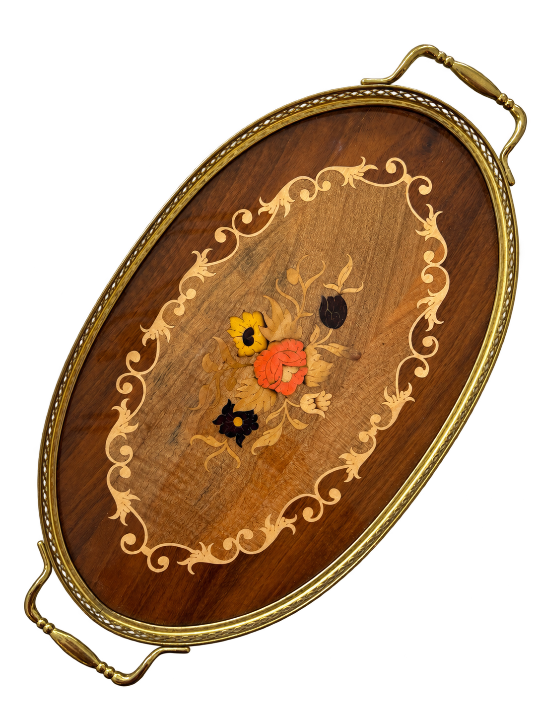 Italian floral inlay tray angled view with background removed