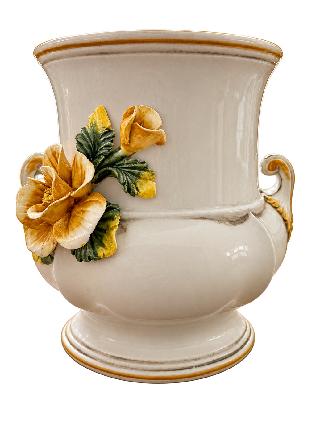Italian ceramic urn with yellow flowers — front