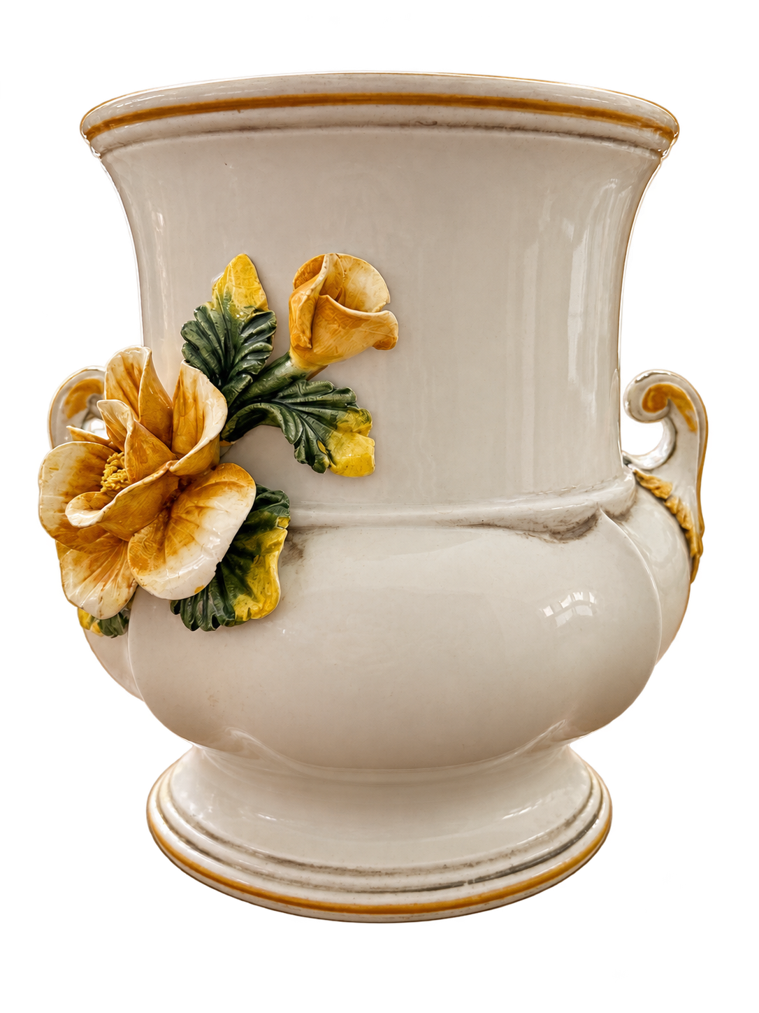 Italian ceramic urn with yellow flowers — front