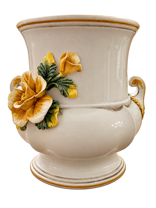 Italian ceramic urn with yellow flowers — front