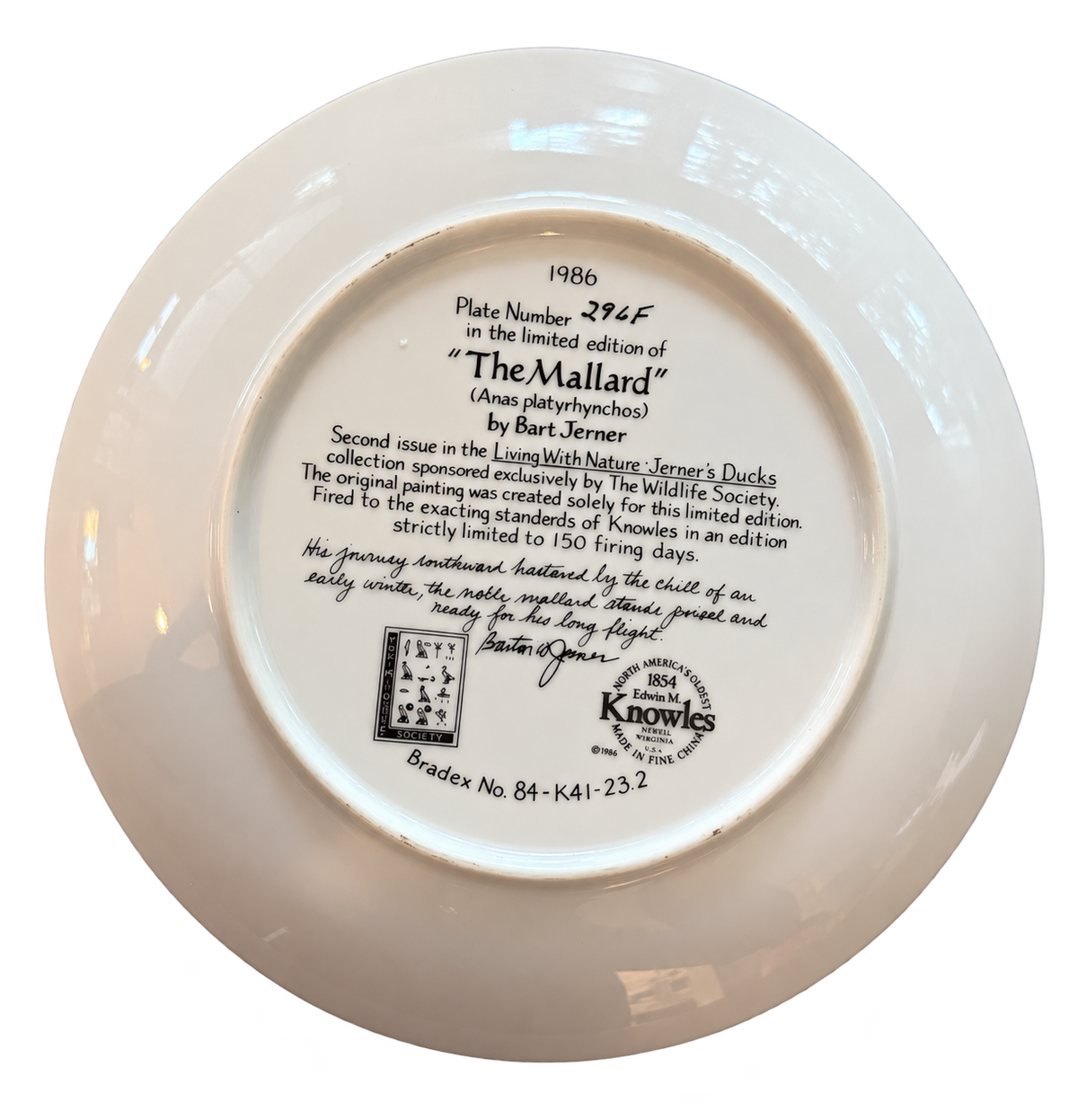 Underside of 1986 Knowles The Mallard collector plate
