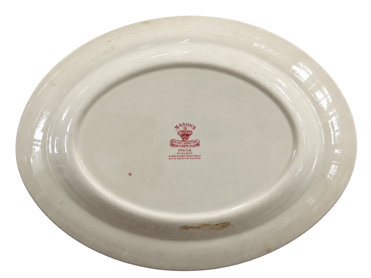 Back of Mason's Vista platter with maker's mark and vintage wear