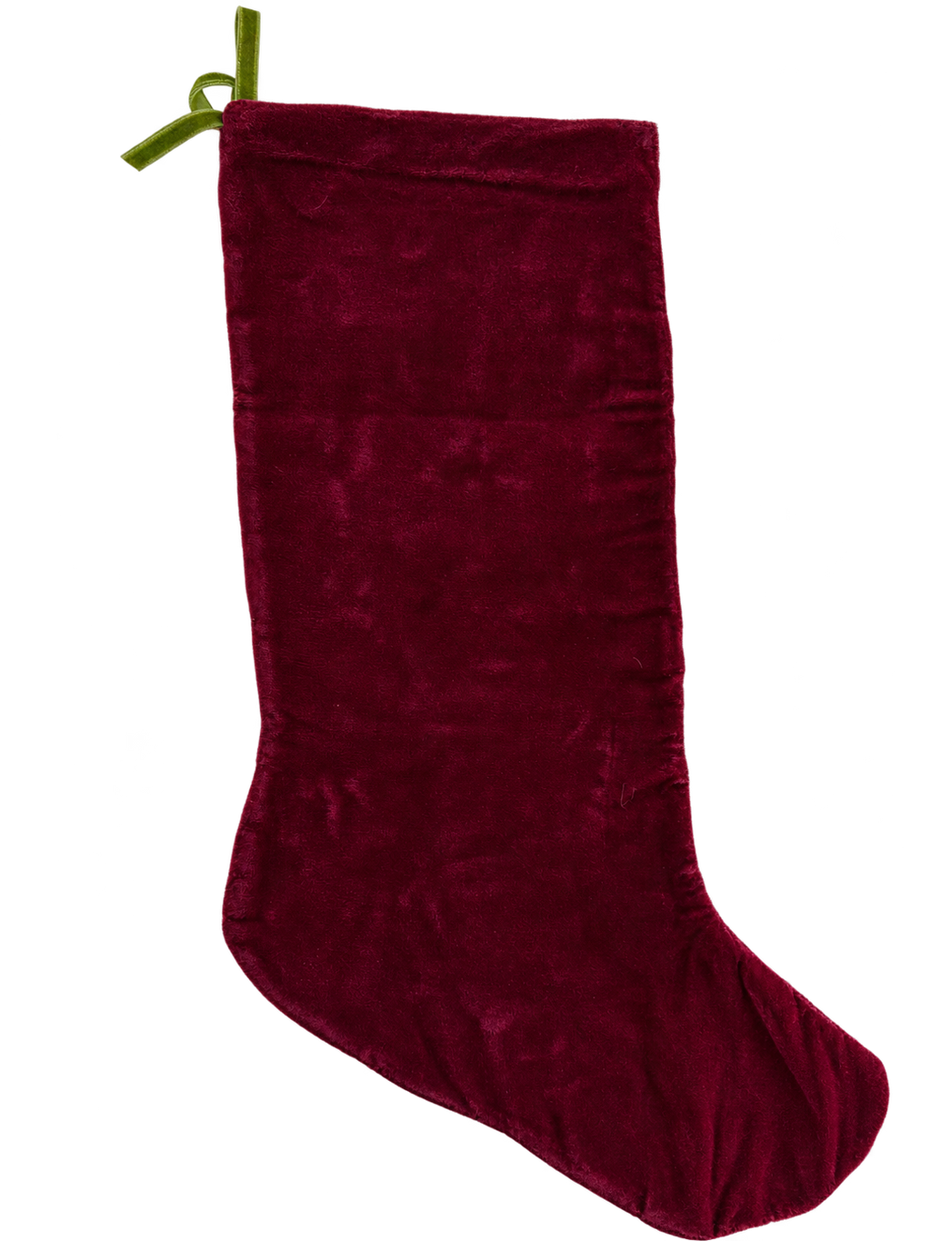 Burgundy velvet back of NOEL stocking, upright portrait view