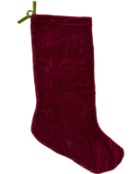 Burgundy velvet back of NOEL stocking, upright portrait view