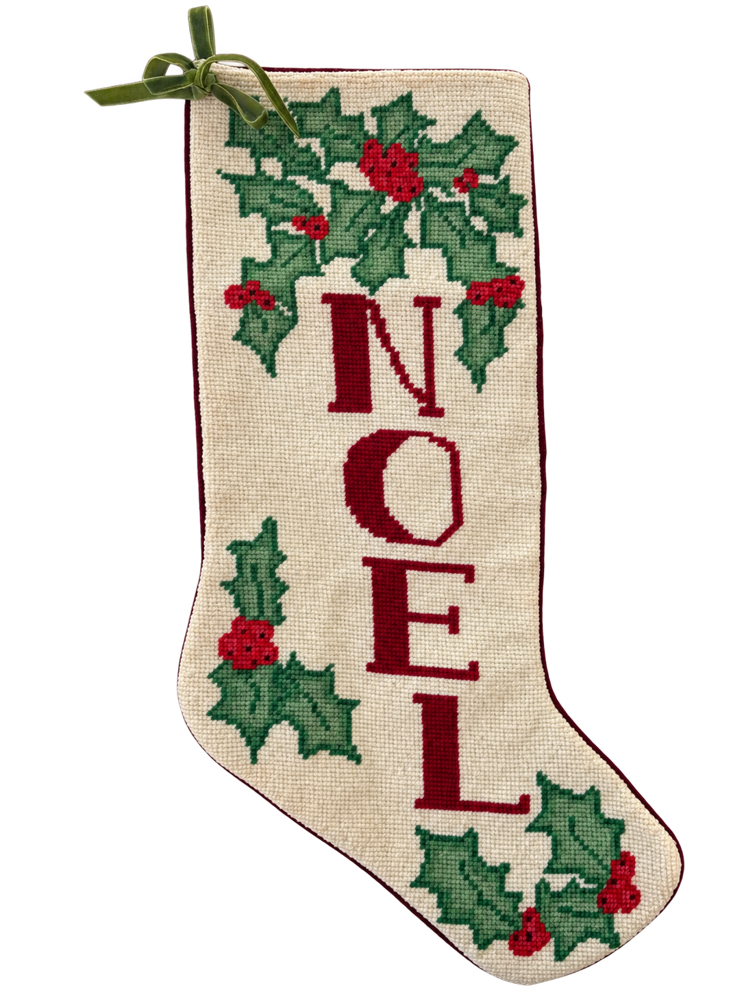Front of NOEL needlepoint Christmas stocking with holly and green bow