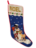 Front of NOEL snowman and deer needlepoint Christmas stocking