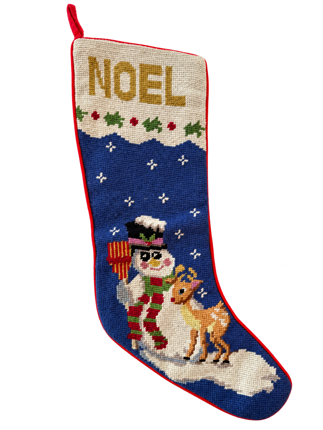 Front of NOEL snowman and deer needlepoint Christmas stocking