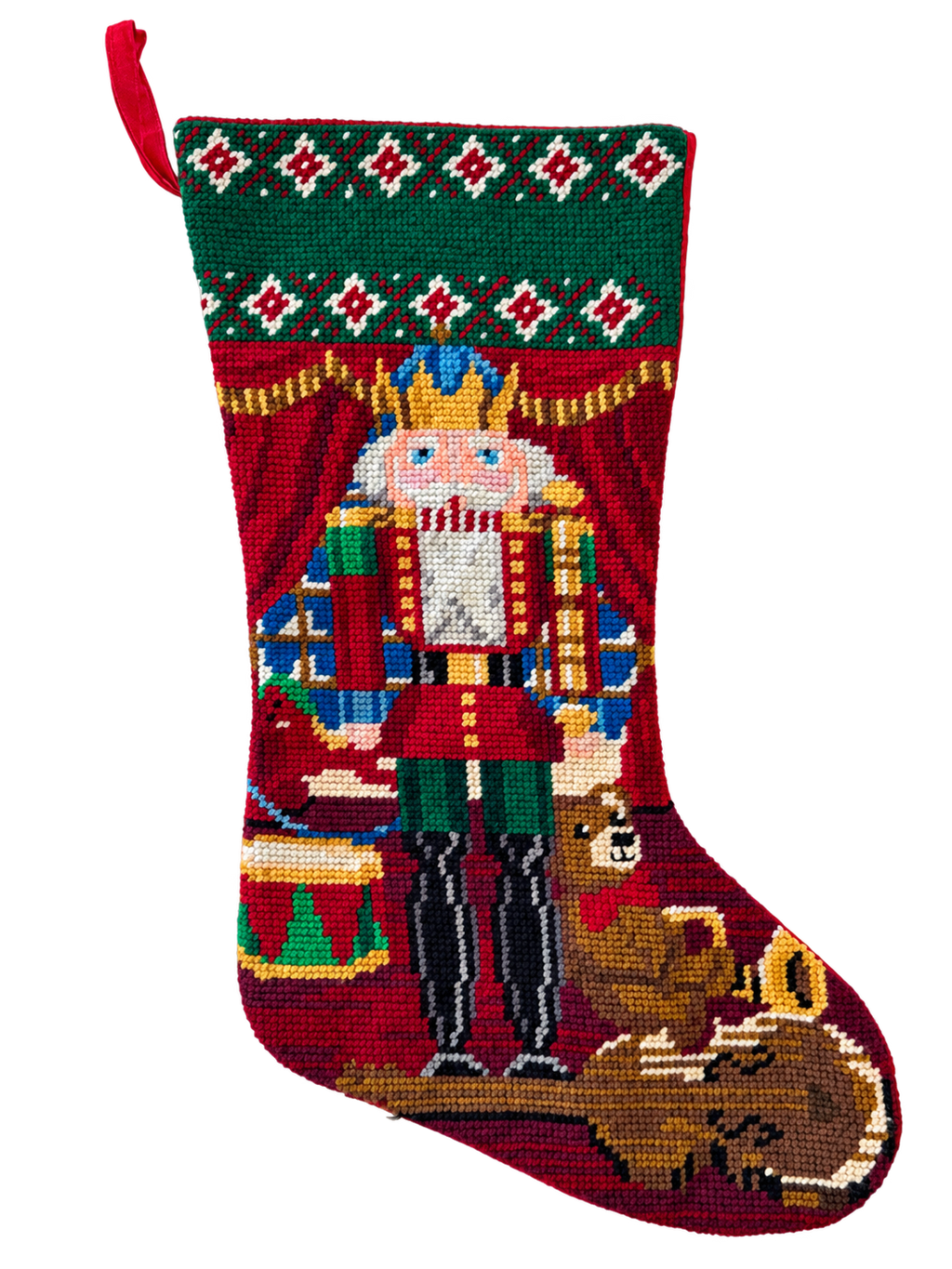 Vintage nutcracker needlepoint Christmas stocking front