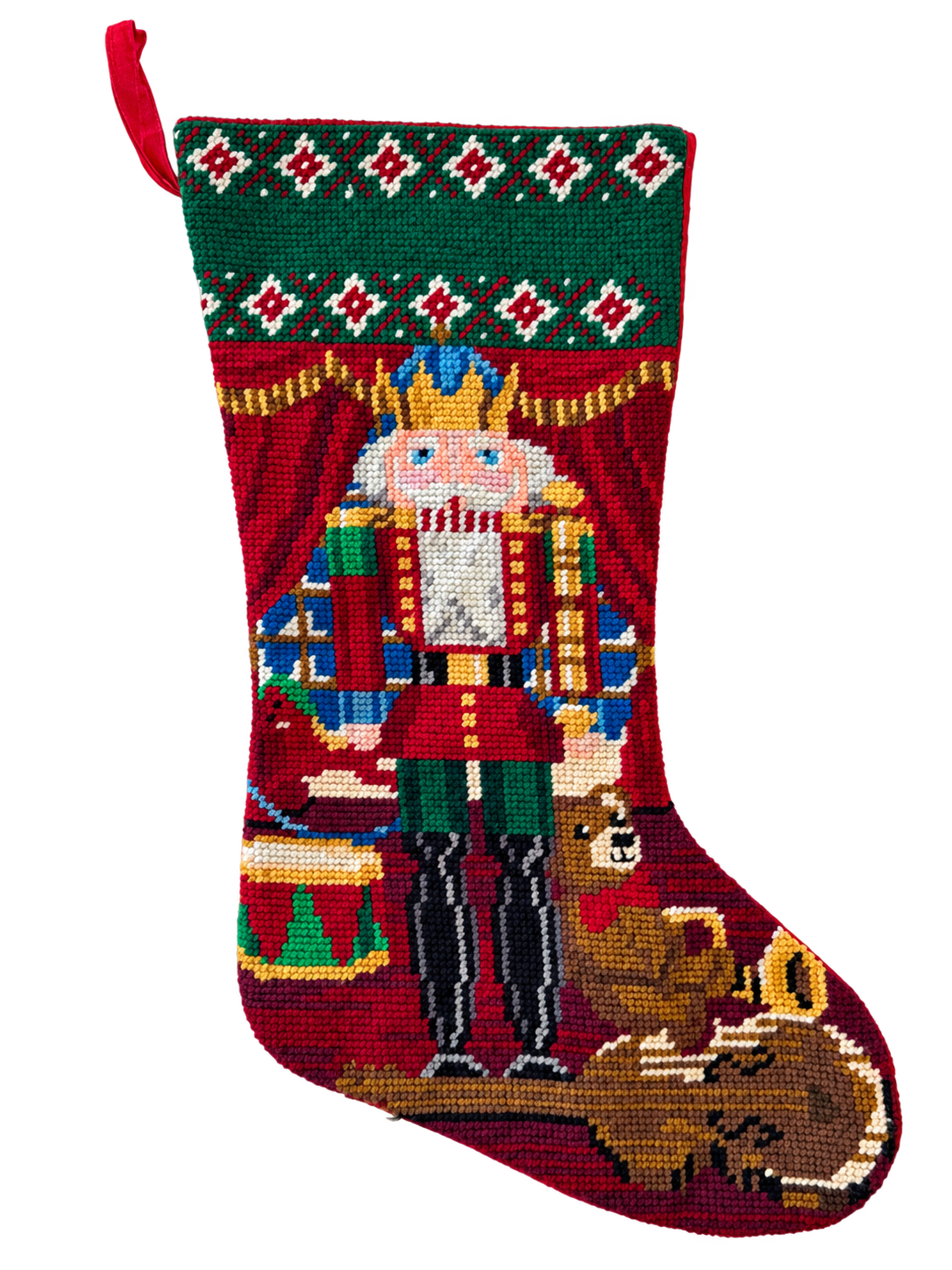 Vintage nutcracker needlepoint Christmas stocking front