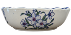 Oval porcelain bowl with blue scalloped rim, green leaves and floral decoration