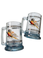 Vintage pheasant glass beer mugs with Greek key trim, pair front view