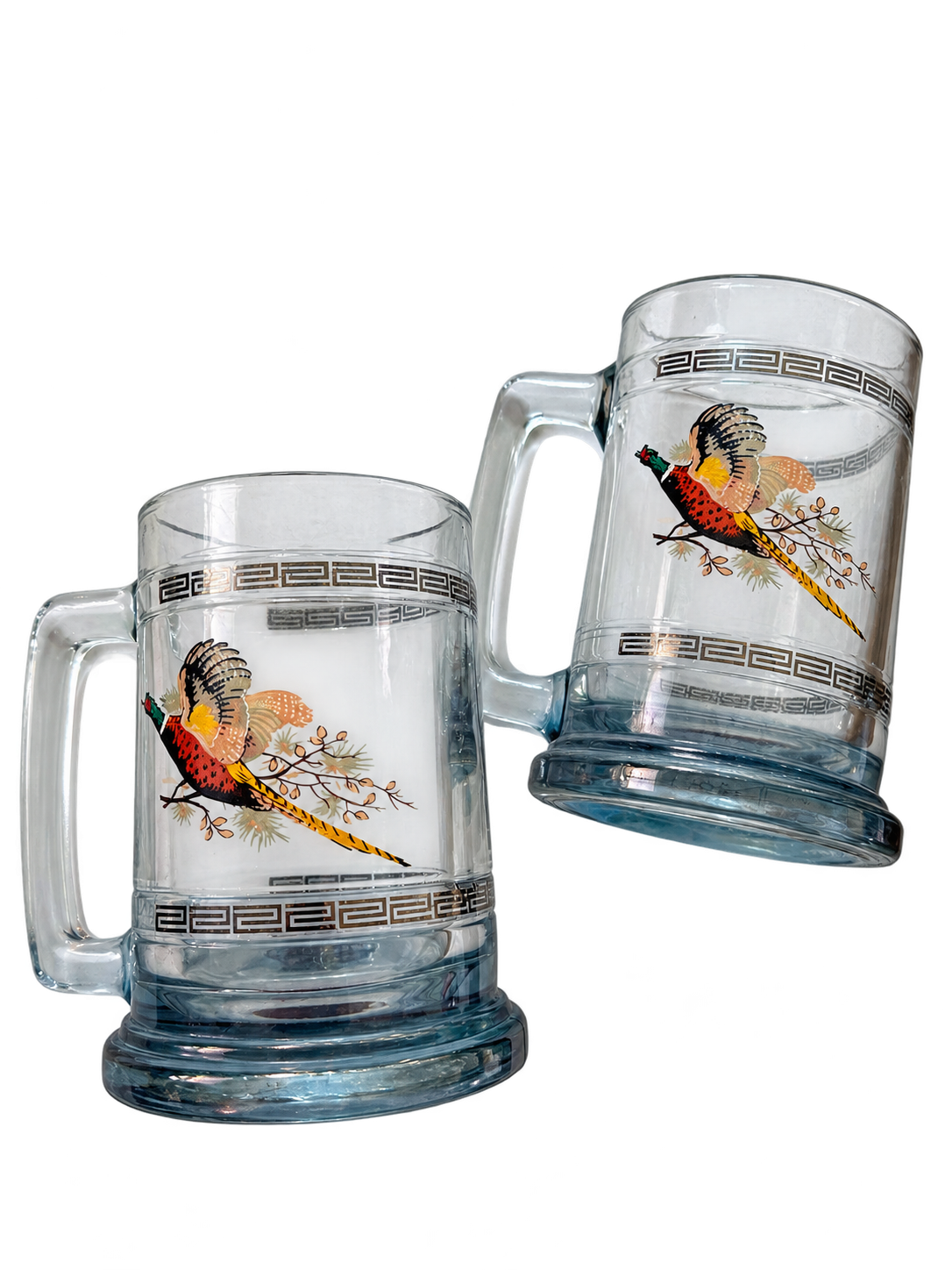 Vintage pheasant glass beer mugs with Greek key trim, pair front view