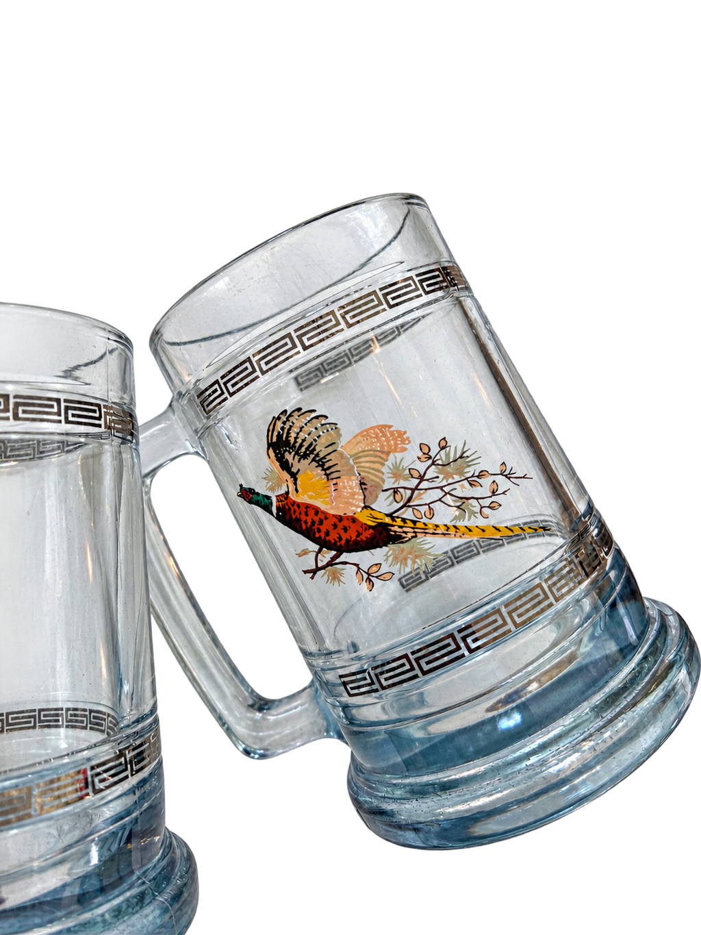Vintage pheasant glass beer mugs with Greek key trim, pheasant decoration detail