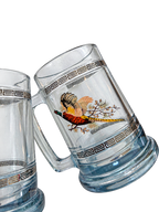 Vintage pheasant glass beer mugs with Greek key trim, pheasant decoration detail