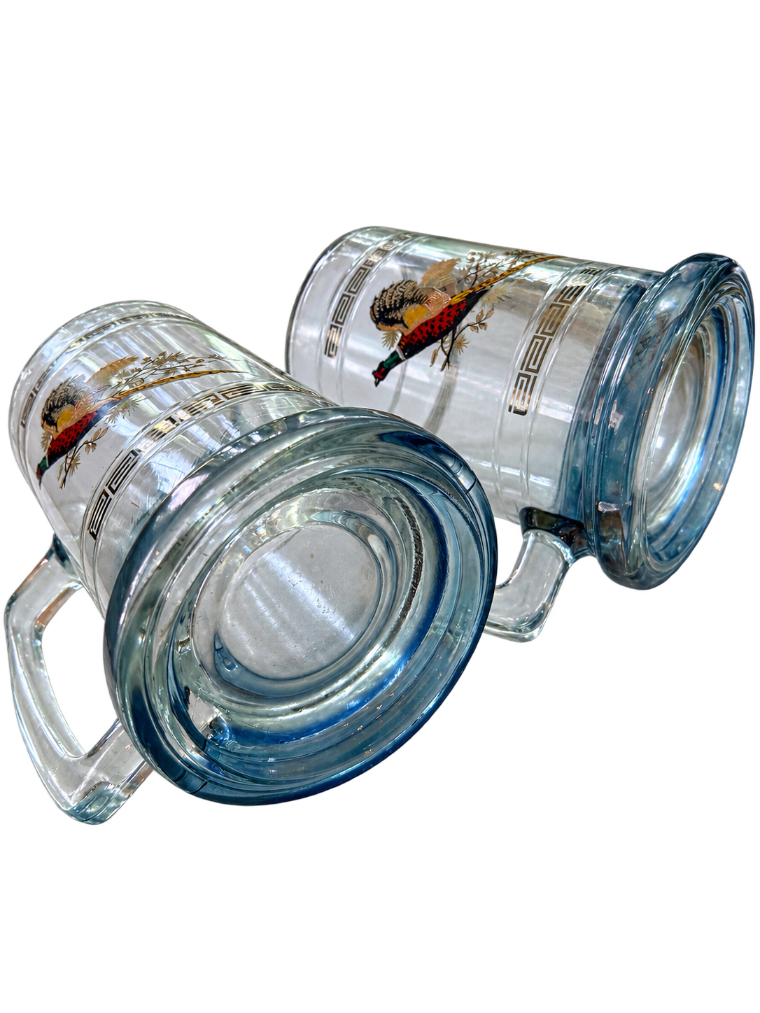 Vintage pheasant glass beer mugs with Greek key trim, heavy glass bases