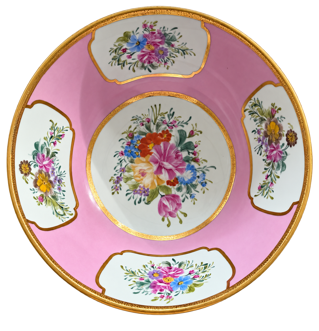 Pink floral bowl with gold detailing, overhead view