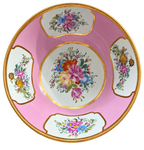 Pink floral bowl with gold detailing, overhead view