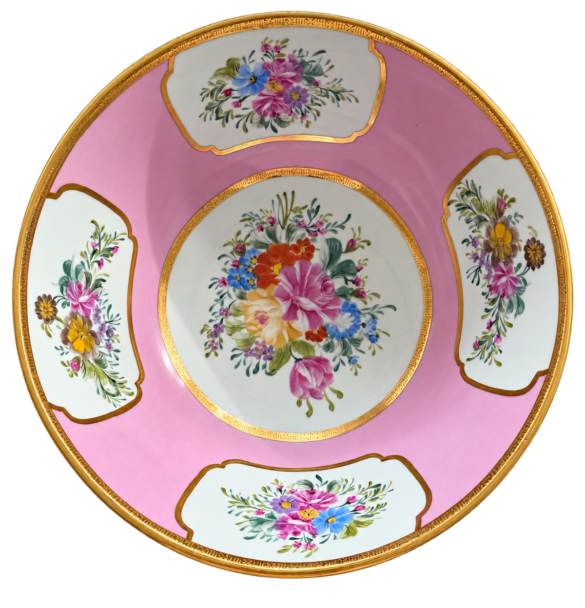 Pink floral bowl with gold detailing, overhead view
