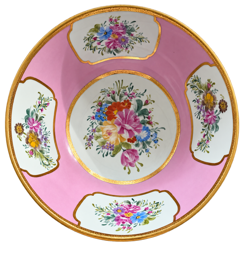 Pink floral bowl with gold detailing, overhead view
