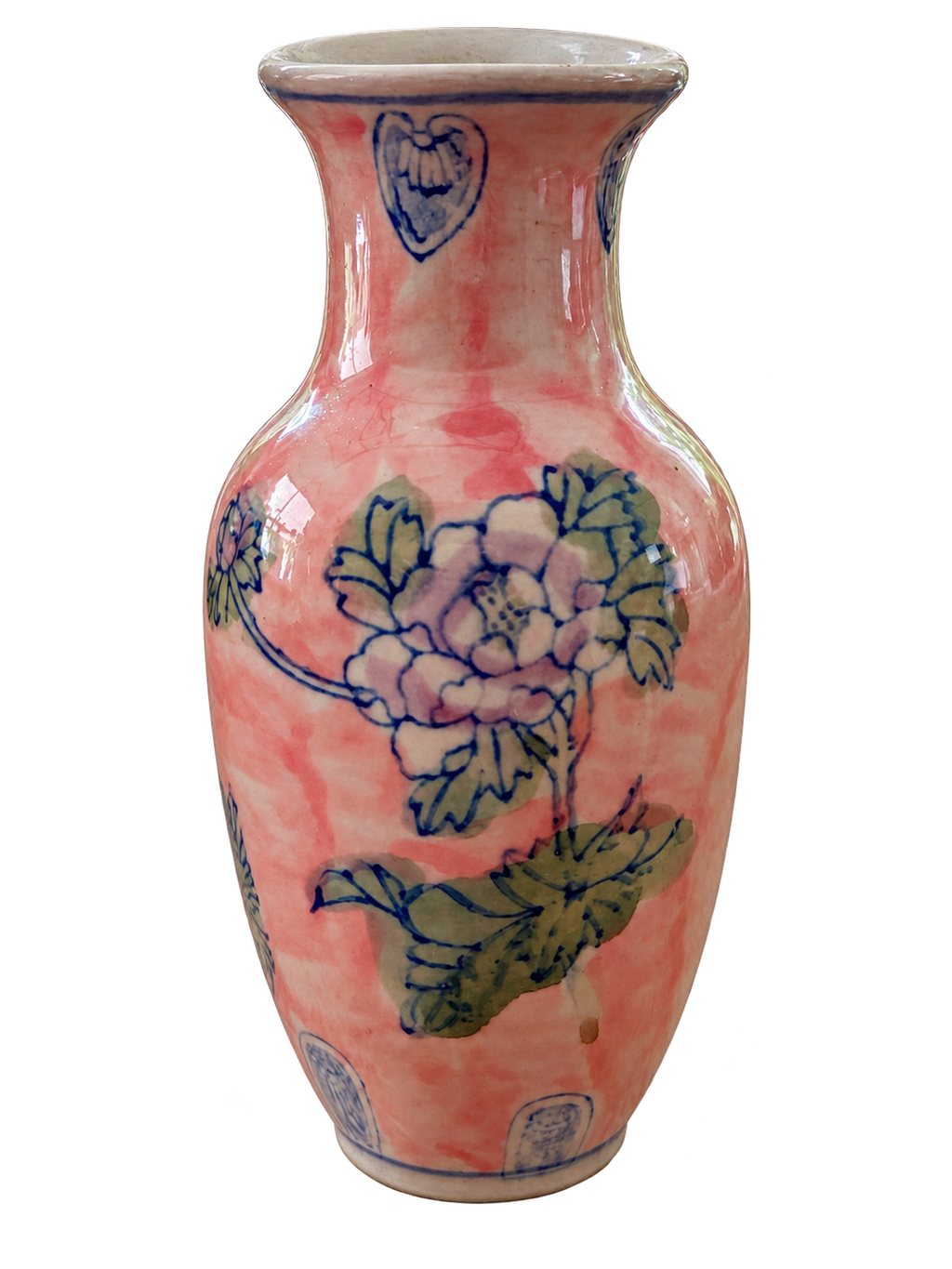 Pink floral ceramic vase, front view