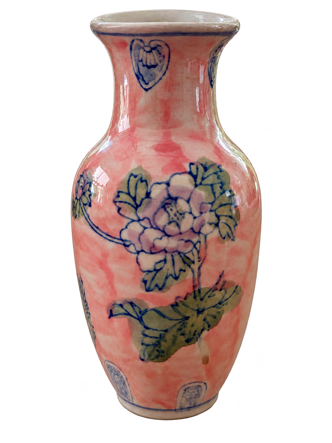 Pink floral ceramic vase, front view