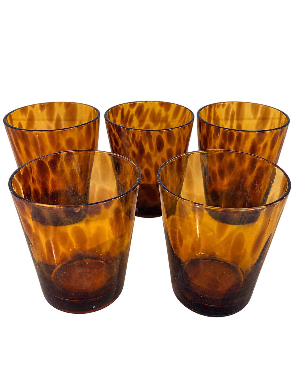 Set of five hand-blown amber tortoise shell pattern glass tumblers- low ball