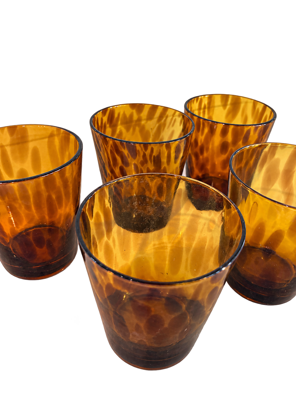 Set of five hand-blown amber tortoise shell pattern glass tumblers- low ball