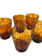 Set of five hand-blown amber tortoise shell pattern glass tumblers- low ball