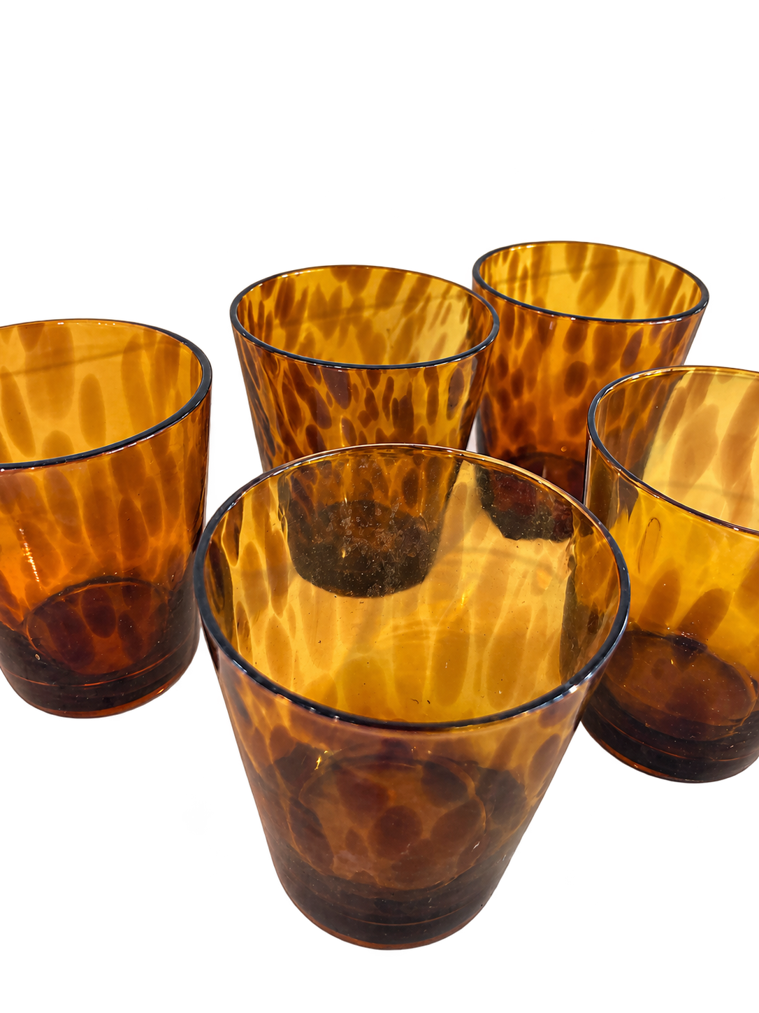 Set of five hand-blown amber tortoise shell pattern glass tumblers- low ball