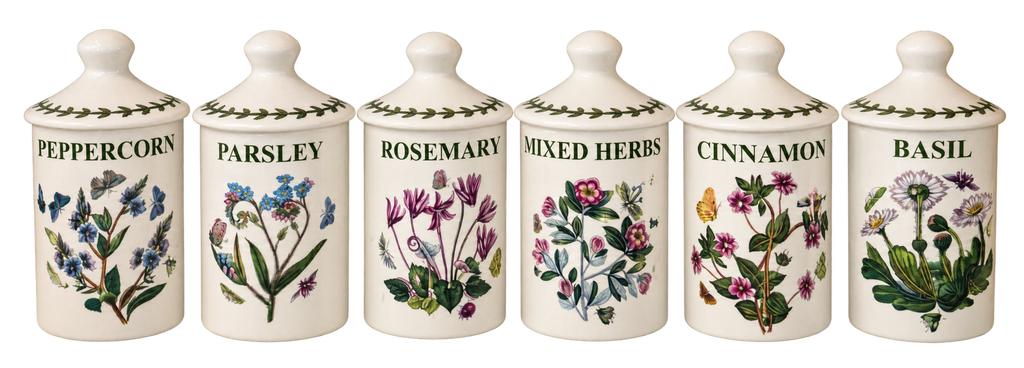 Set of six Portmeirion Botanic Garden ceramic spice jars