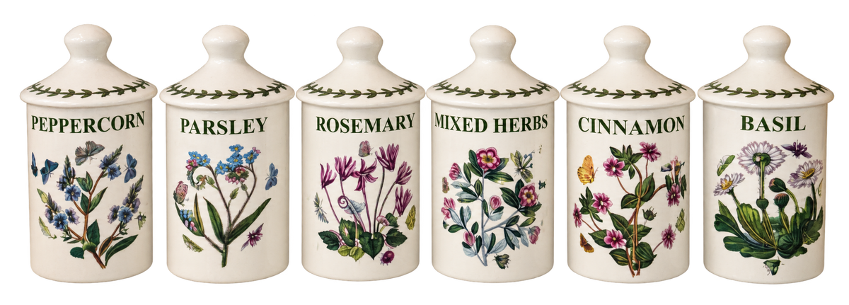 Set of six Portmeirion Botanic Garden ceramic spice jars