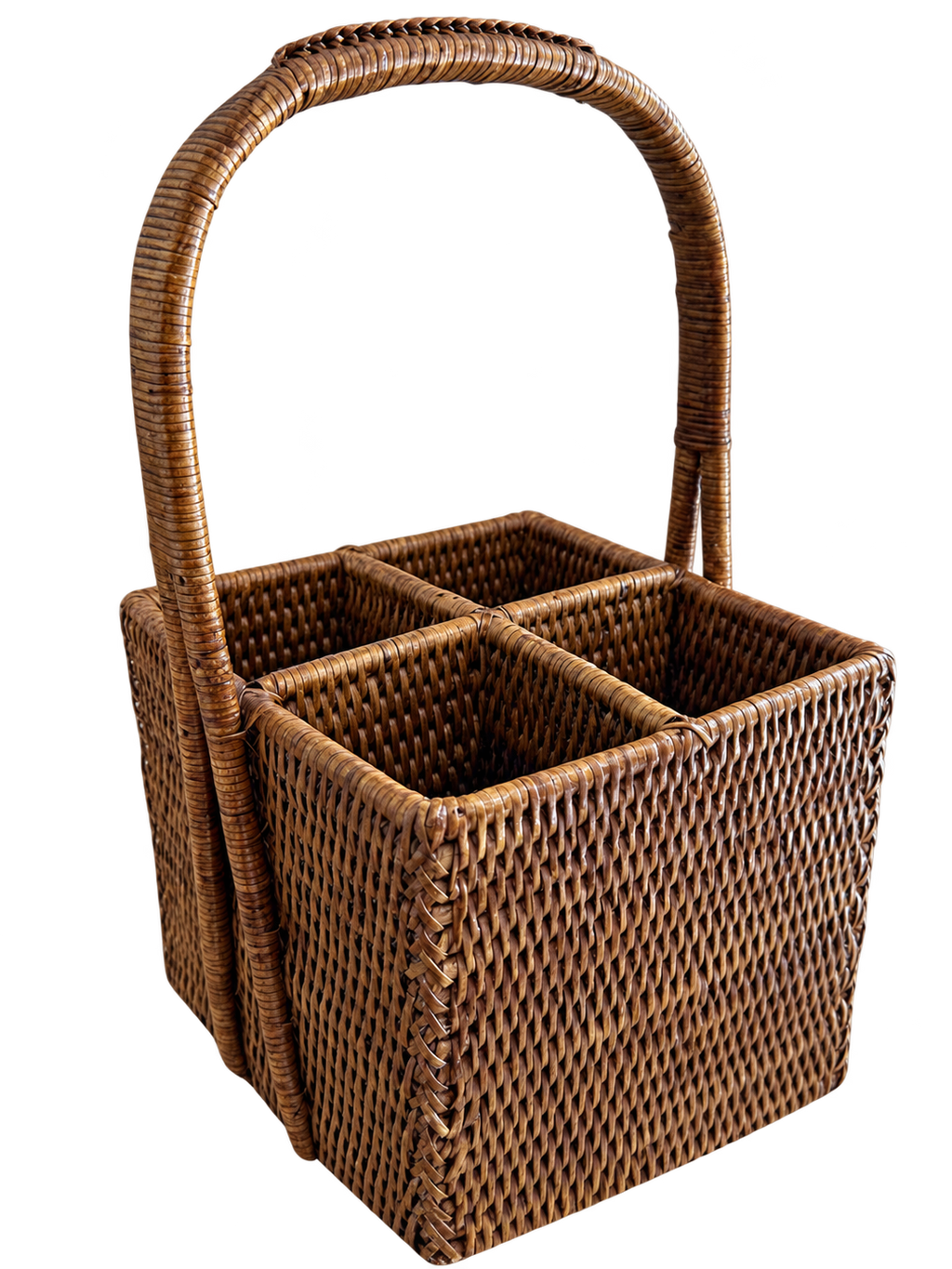 Woven rattan four-compartment flatware caddy with arched handle