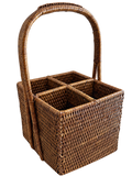 Woven rattan four-compartment flatware caddy with arched handle