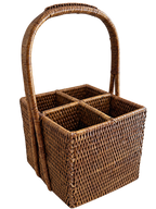 Woven rattan four-compartment flatware caddy with arched handle