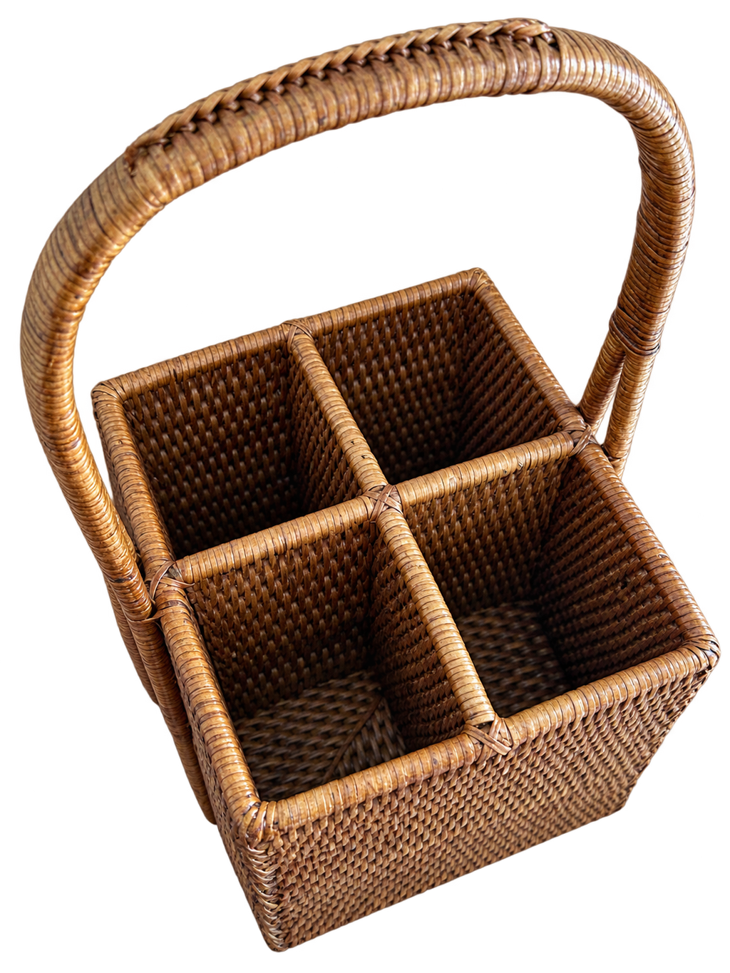 Woven rattan four-compartment flatware caddy with arched handle
