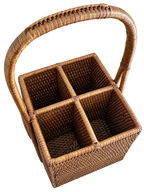 Woven rattan four-compartment flatware caddy with arched handle
