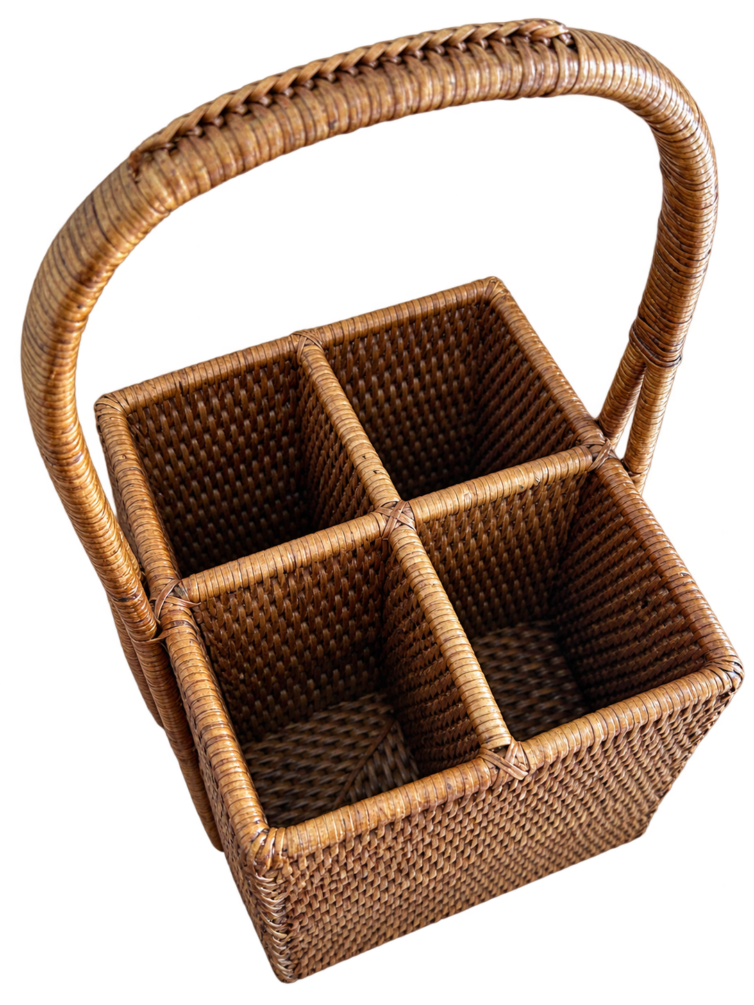 Woven rattan four-compartment flatware caddy with arched handle