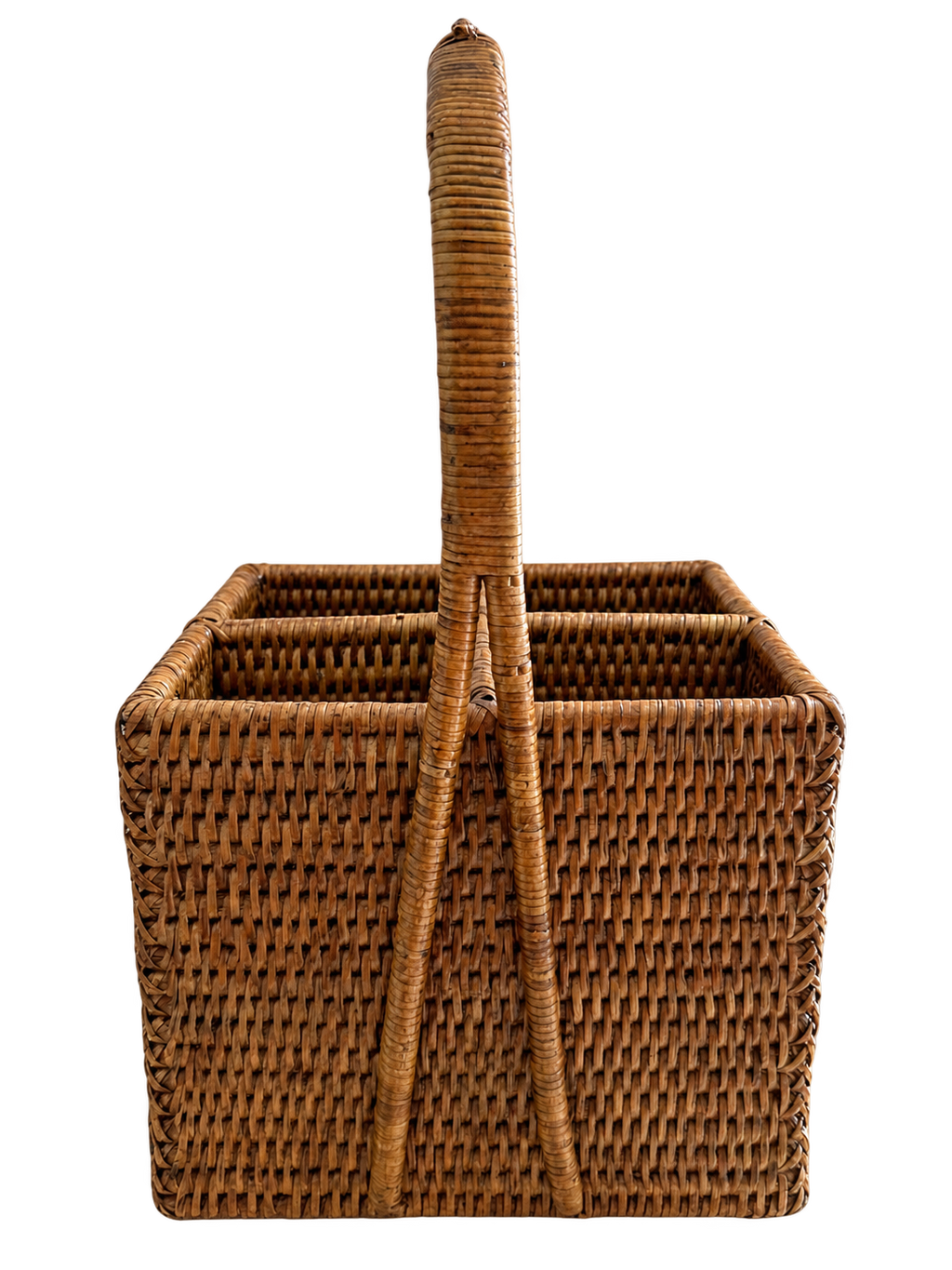 Woven rattan four-compartment flatware caddy with arched handle