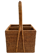 Woven rattan four-compartment flatware caddy with arched handle