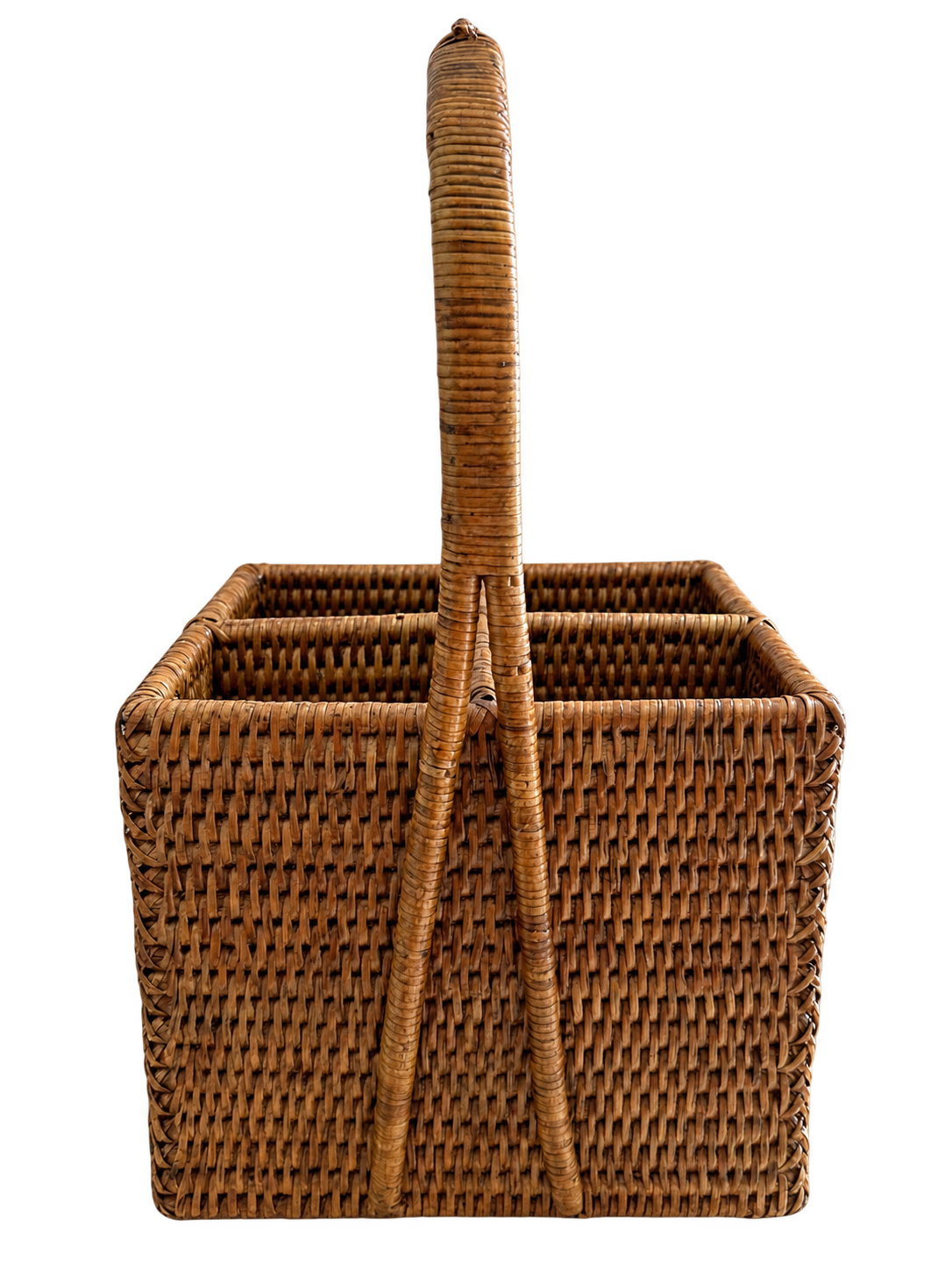 Woven rattan four-compartment flatware caddy with arched handle
