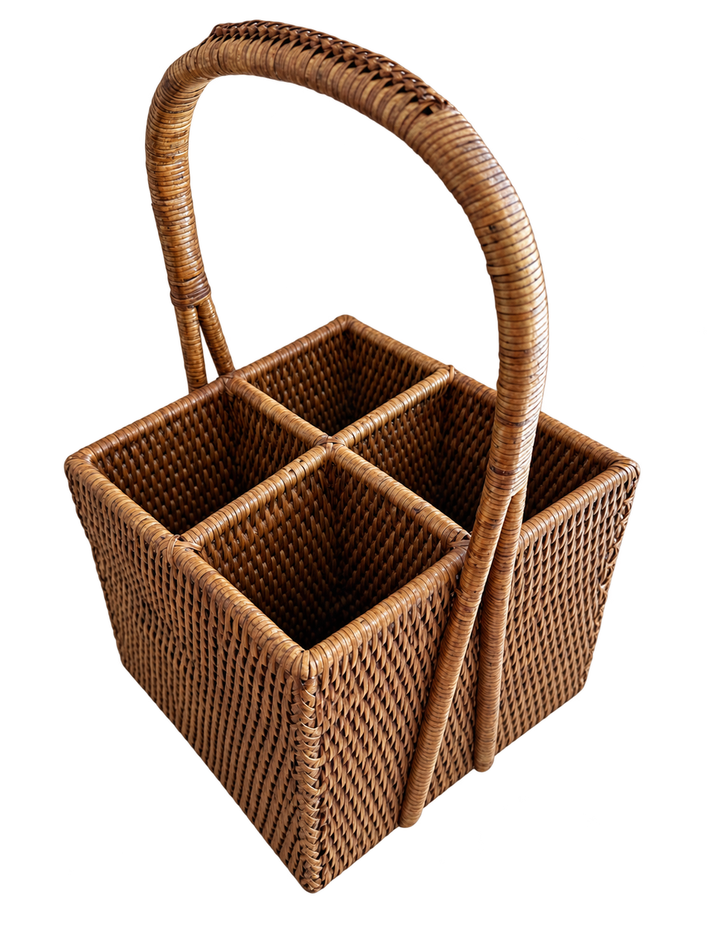 Woven rattan four-compartment flatware caddy with arched handle