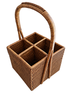 Woven rattan four-compartment flatware caddy with arched handle