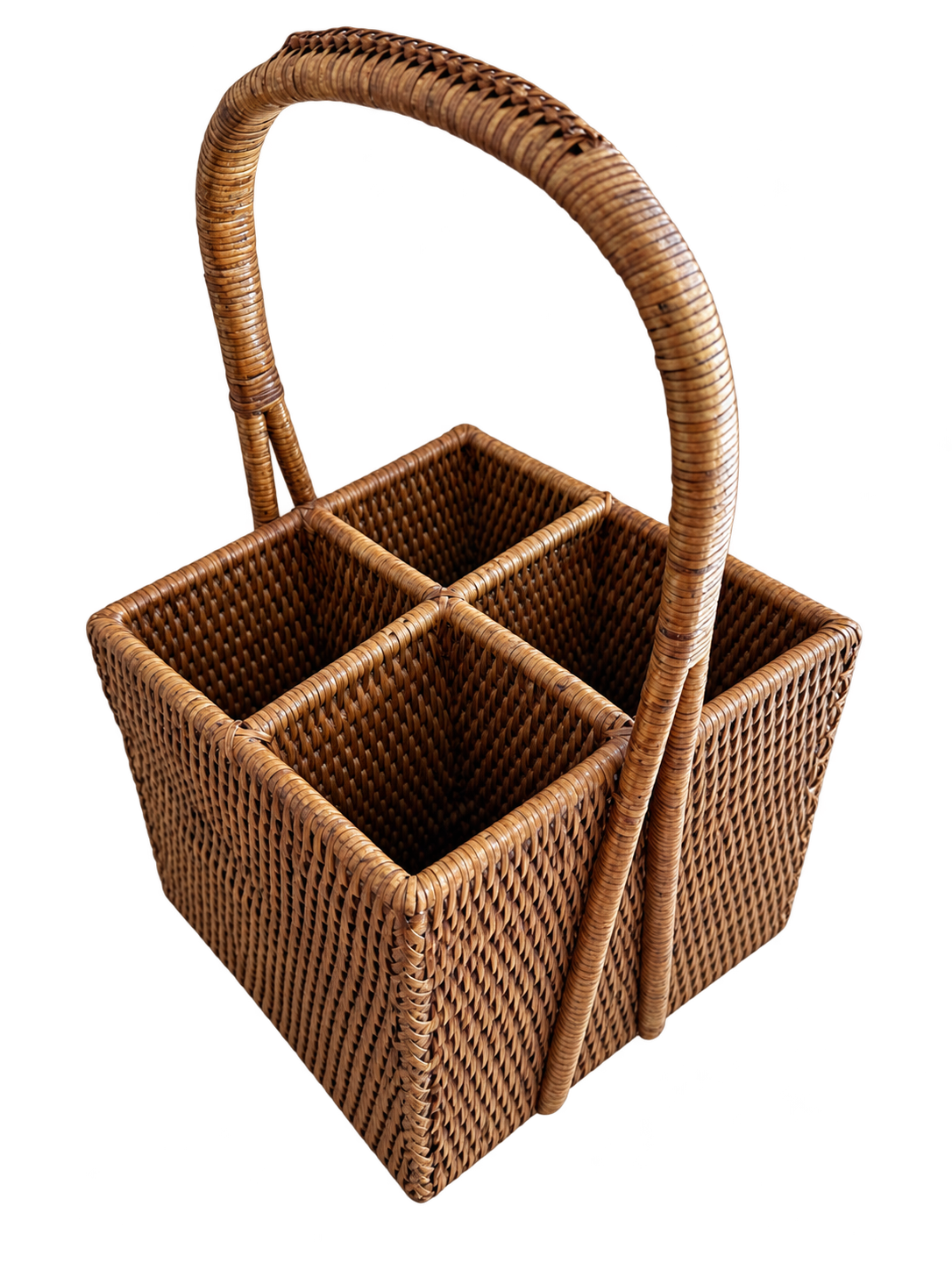 Woven rattan four-compartment flatware caddy with arched handle