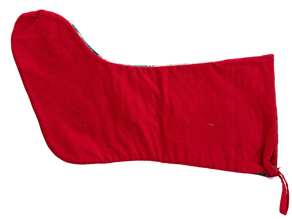 Red fabric reverse of vintage Santa needlepoint stocking
